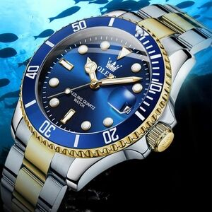 Olevs Men’s Watch‎ 5885 Blue Face Silver & Gold Band Date Window Rotating Bezel